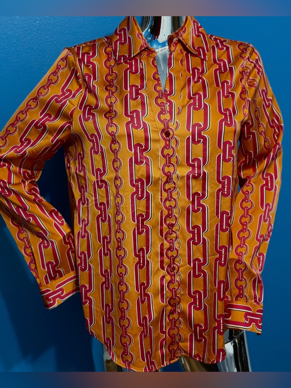 Maison d’Amelie Paris Women's Yellow & Red Chain-Pattern Button-Down Shirt XS